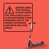 Black scooter on an orange background with a warning sign about checking local laws.