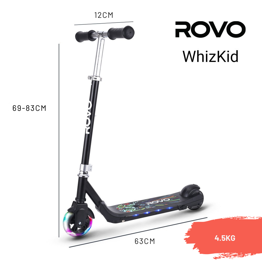ROVO WhizKid scooter with dimensions and weight on a white background