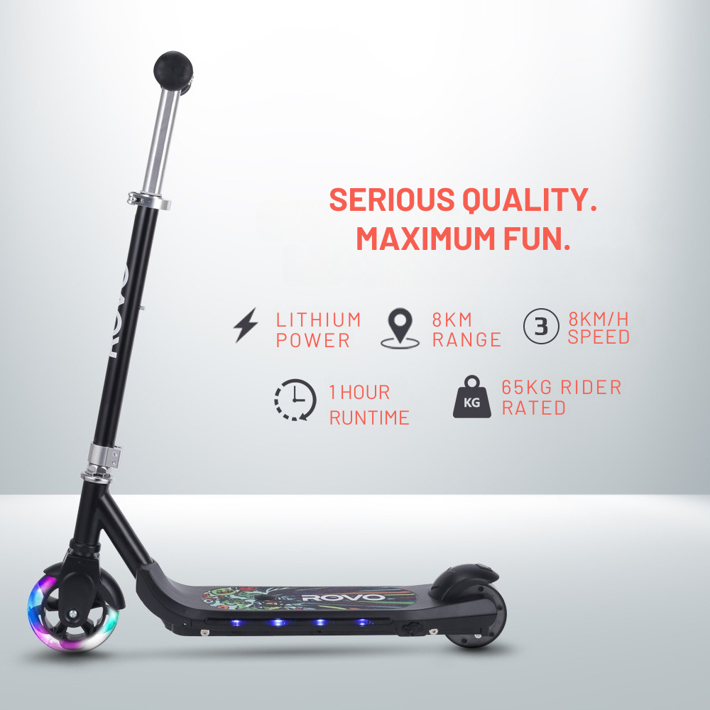 Black electric scooter with features highlighted on a gray background