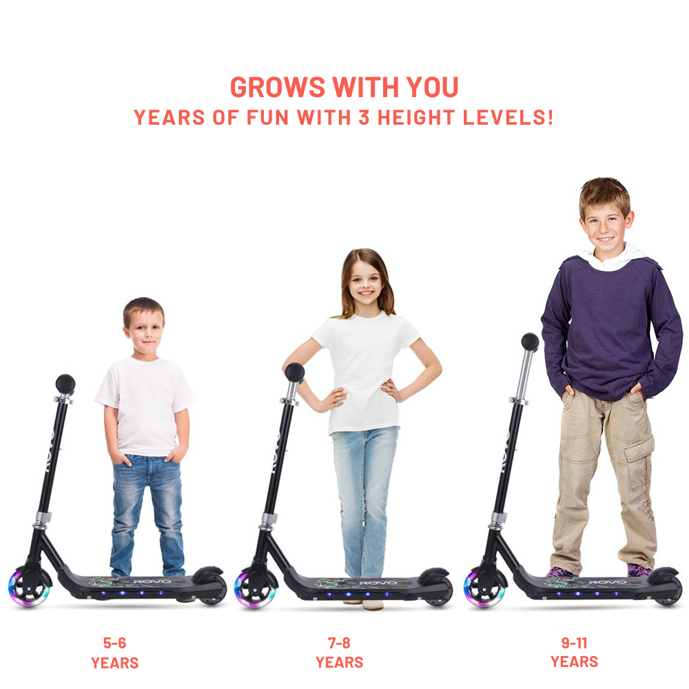 Three children standing on scooters with height level labels and promotional text.