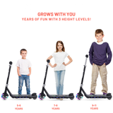 Three children standing on scooters with height level labels and promotional text.