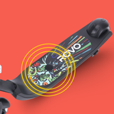 Black scooter with colorful design and 'ROVO' branding on a red background