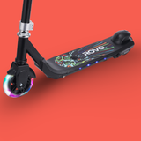 Black scooter with colorful design and 'ROVO' branding on a red background