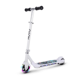 White scooter with colorful wheels on a white background