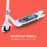 White scooter with colorful wheels on an orange background, featuring the brand 'Rovo'.