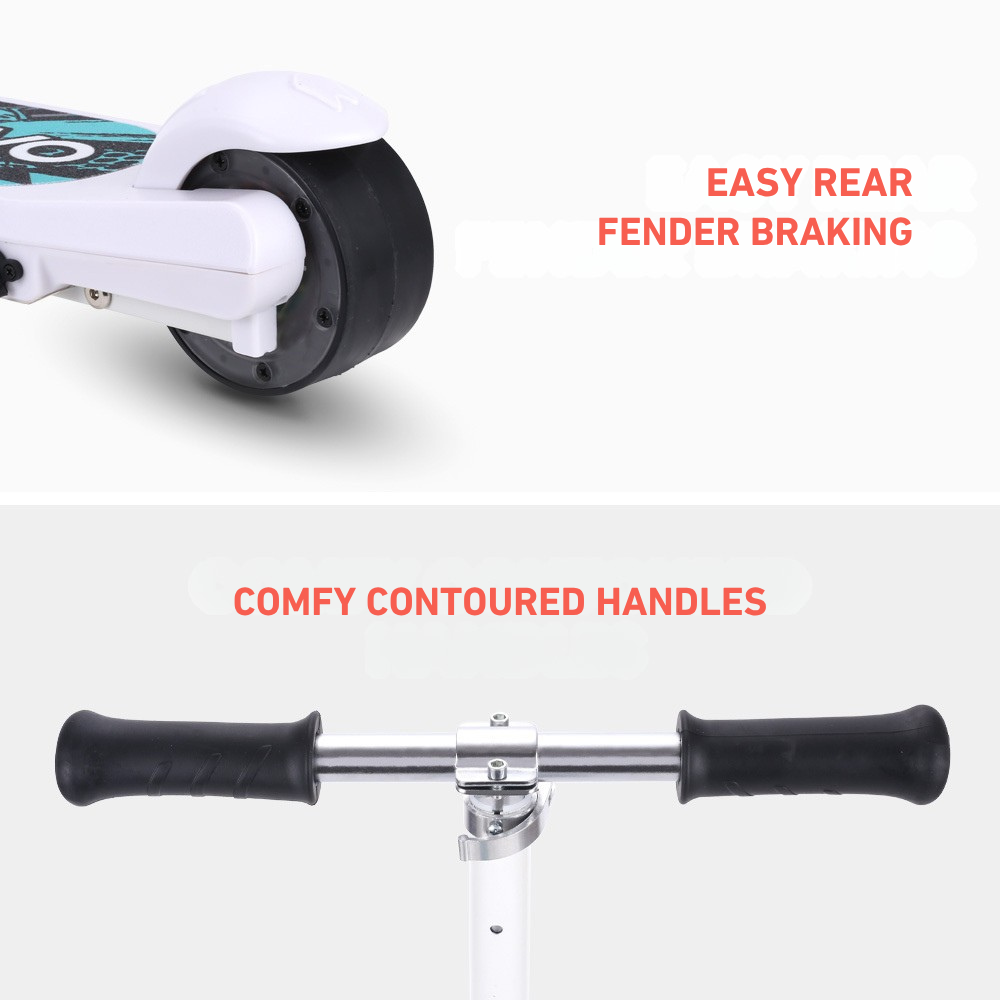 Close-up of scooter components with text highlighting 'Easy Rear Fender Braking' and 'Comfy Contoured Handles'.