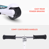 Close-up of scooter components with text highlighting 'Easy Rear Fender Braking' and 'Comfy Contoured Handles'.