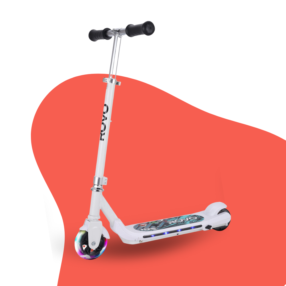 White scooter with black handlebars on a red and white background