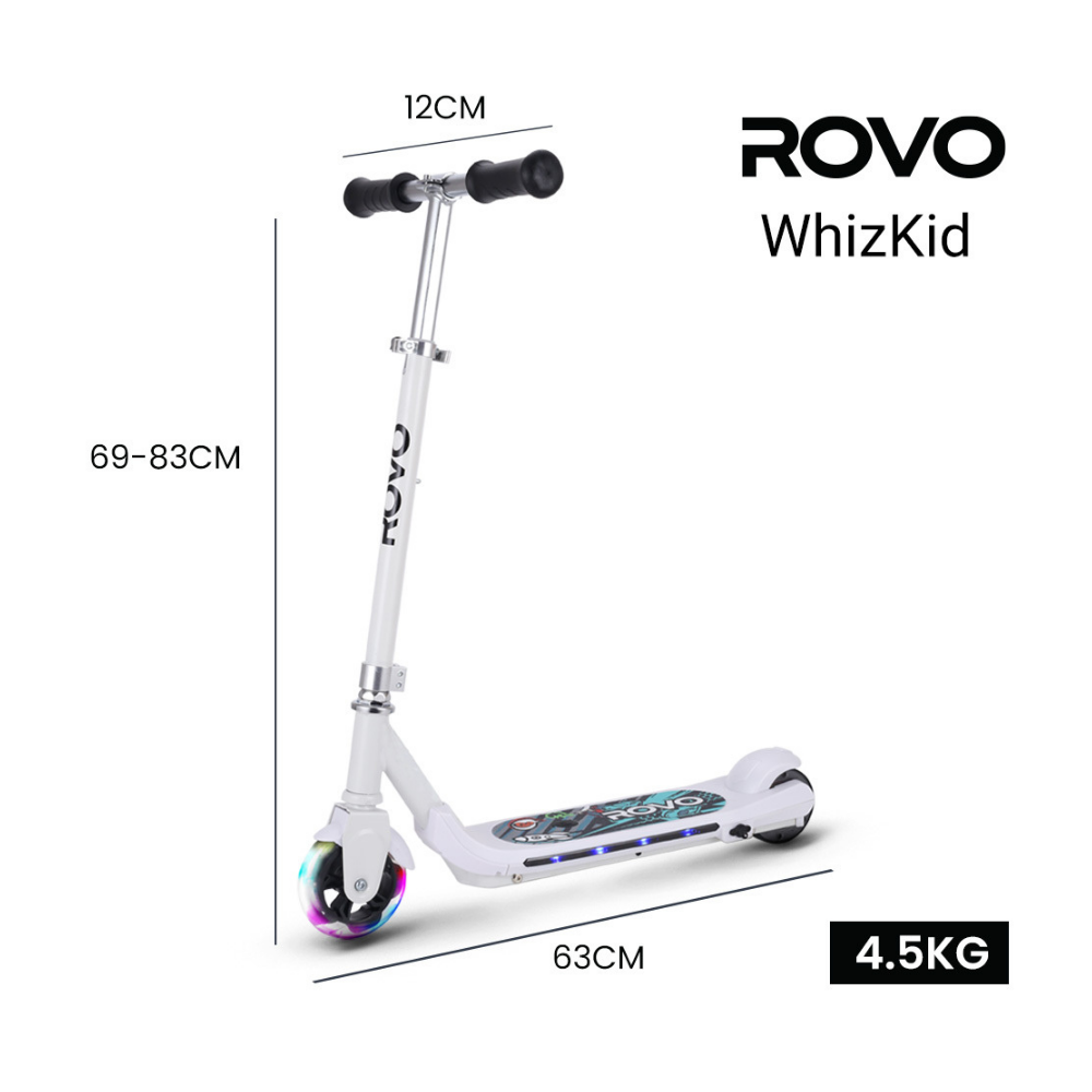 White scooter with dimensions and ROVO branding on a white background