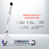 White scooter with LED wheels on a gray background, featuring Rovo branding.