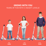 Children with scooters of different heights on a red background, indicating age ranges.