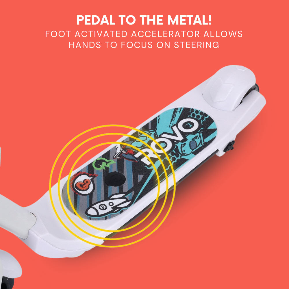 White scooter with colorful design on a red background, featuring text about a foot-activated accelerator.