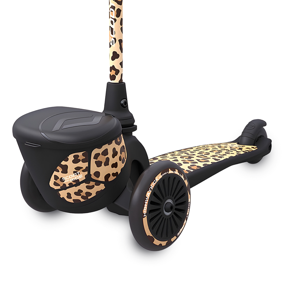 corner view of Scoot & Ride Highwaykick 2 Kids 3-Wheel Scooter with Storage - Leopard