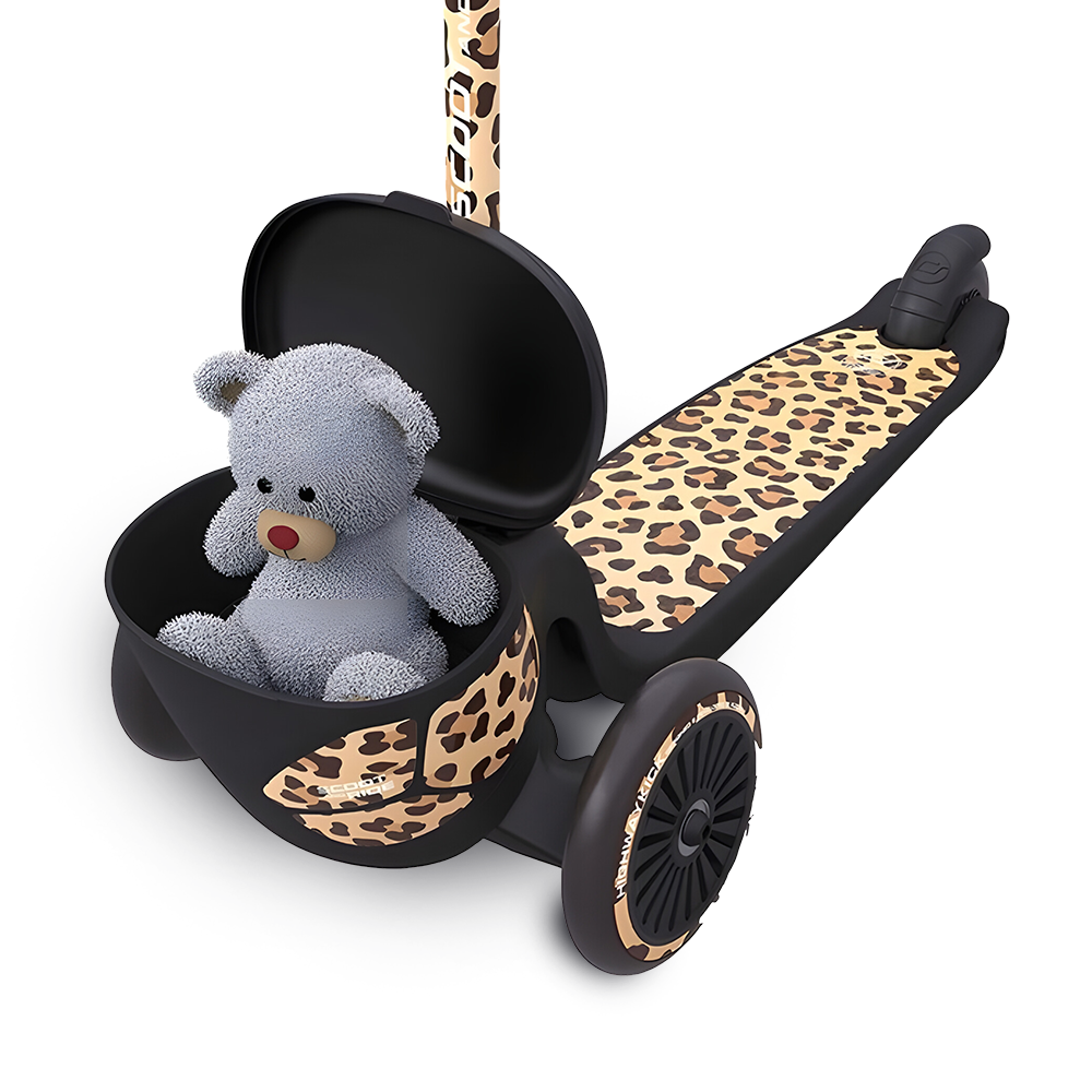 teddy bear inside the compartment/basket of Scoot & Ride Highwaykick 2 Kids 3-Wheel Scooter with Storage - Leopard