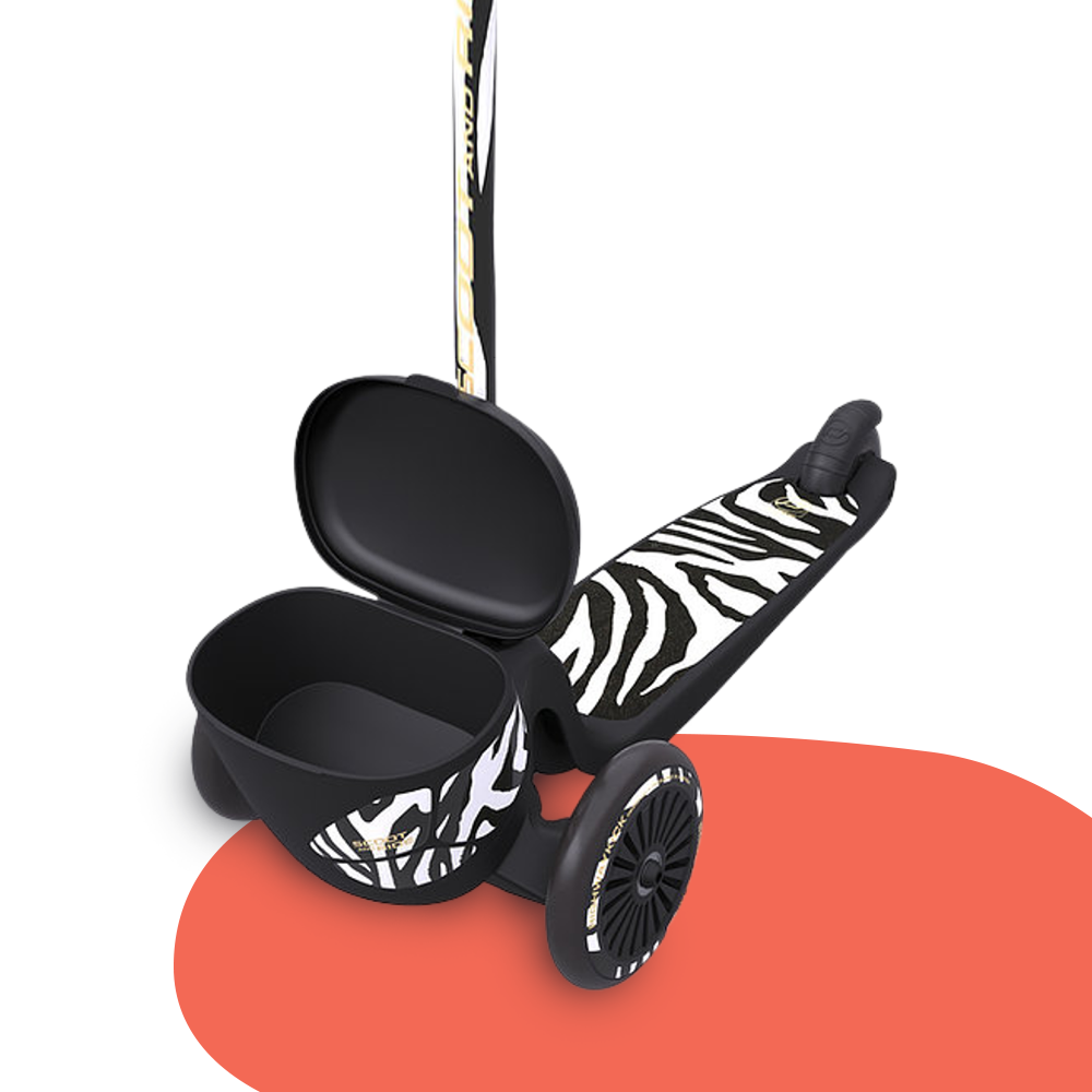 open basket of Scoot & Ride Highwaykick 2 Kids 3-Wheel Scooter with Storage - Zebra