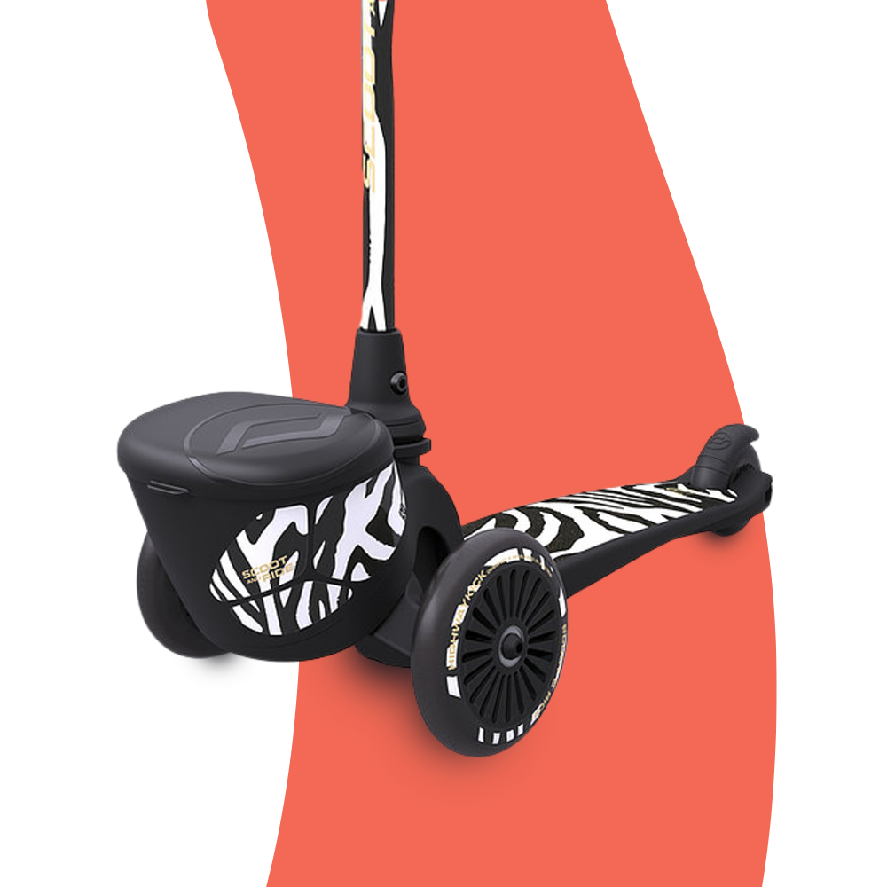 front view of Scoot & Ride Highwaykick 2 Kids 3-Wheel Scooter with Storage - Zebra