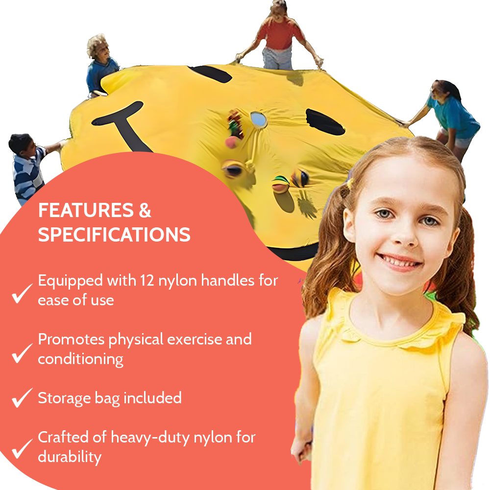 Smiling girl standing in front of a group of children playing with a smiley face parachute, along with text listing features and specifications of the parachute