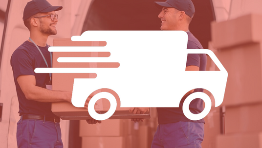 The image shows a delivery van icon with two workers holding boxes in the background, symbolising fast delivery or shipping.