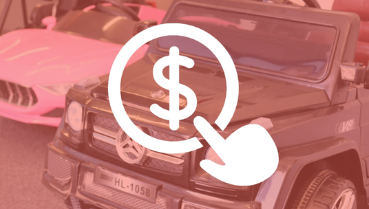 The image shows a dollar sign within a circle and a hand cursor icon, symbolising easy payments or affordability, with toy cars in the background