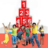 A group of joyful children jumping with excitement in front of a stack of numbered red cans (1 to 6), arranged in a pyramid shape. The image represents an outdoor game setup, with a bright and playful atmosphere that suggests fun and energetic play, ideal for kids. The background is a mix of red and white, enhancing the playful and vibrant theme of the game