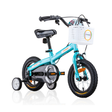Children's bicycle with training wheels and a basket on a white background