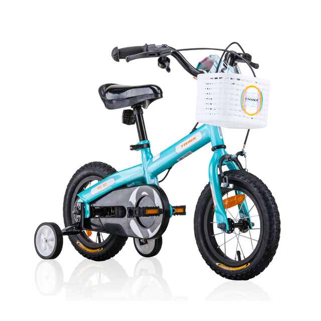 Children's bicycle with training wheels and a basket on a white background