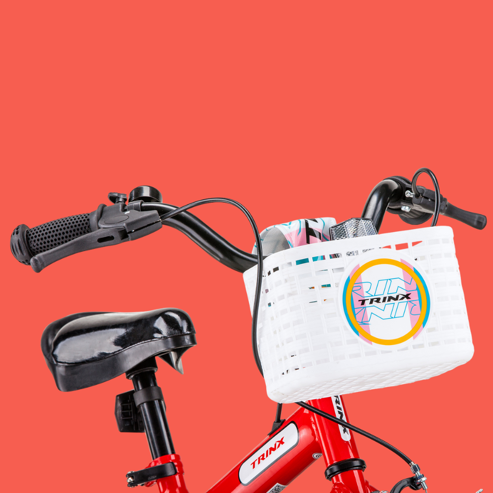 Red bicycle with a white basket featuring the Trinx logo on a red background