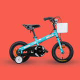 Children's bicycle with training wheels on a red background