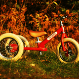 Red balance bike with a brown seat in a natural setting