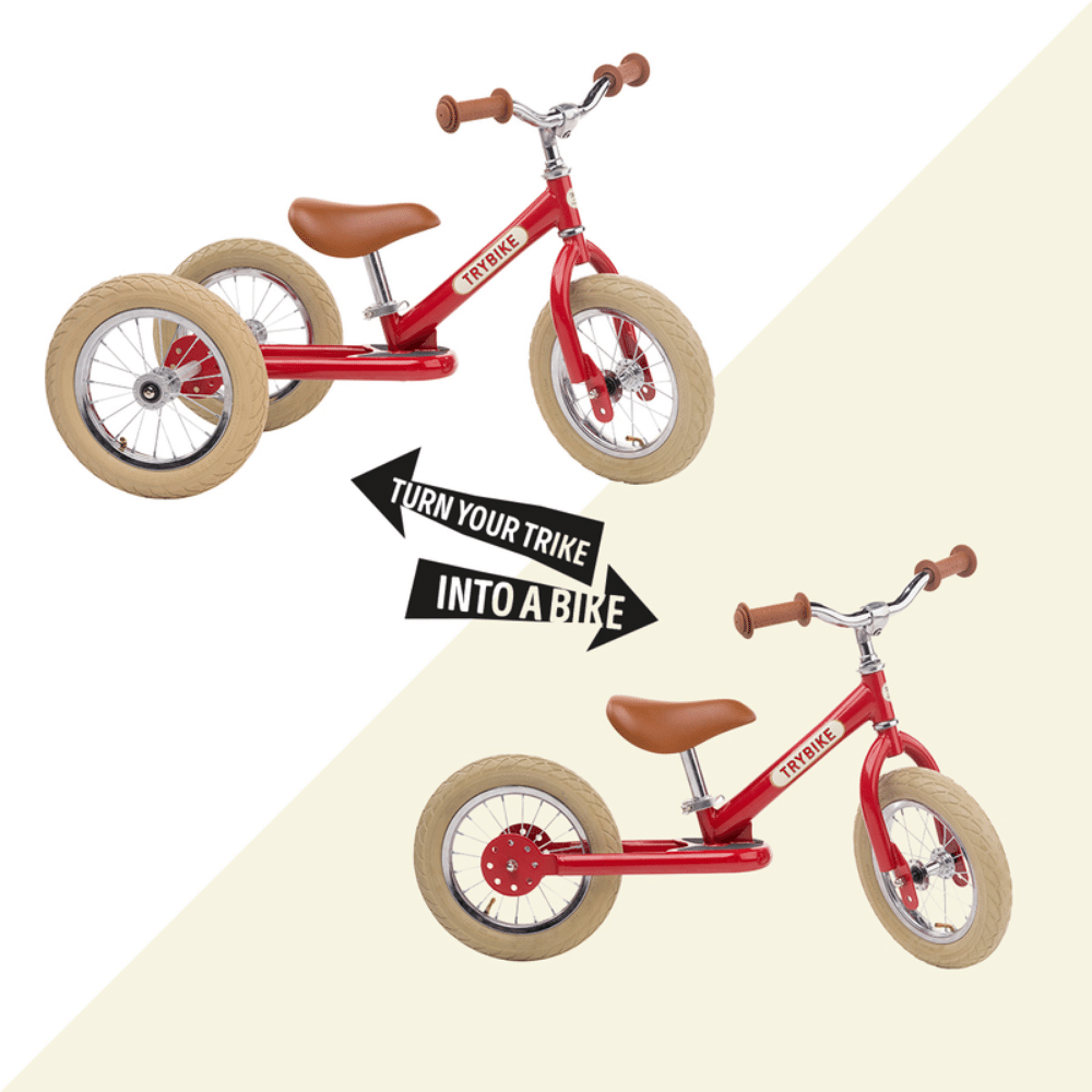 Red tricycle that can be converted into a bike with text 'Turn Your Trike Into A Bike'.