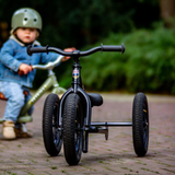 Child riding a tricycle on a paved path with greenery in the background