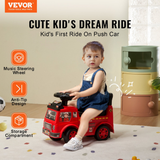 Child sitting in a red toy car with VEVOR branding, featuring music steering wheel, anti-tip design, and storage compartment.
