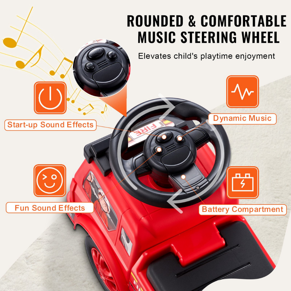 Toy car with a steering wheel featuring sound and music effects on a white background