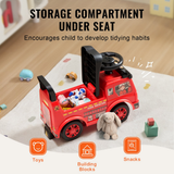 Red toy fire truck with storage compartment on a wooden floor, featuring text about encouraging tidying habits.