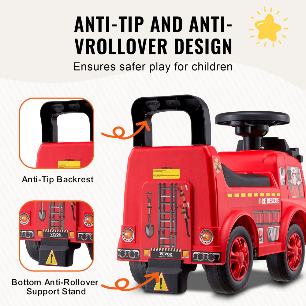 Red toy fire truck with safety features highlighted on a white background