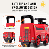 Red toy fire truck with safety features highlighted on a white background