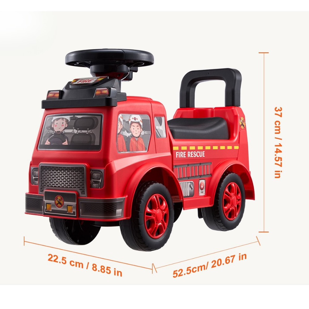 Red toy fire truck with measurements on a white background