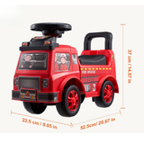Red toy fire truck with measurements on a white background