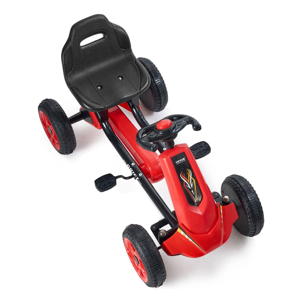 Red children's go-kart with black seat on a white background