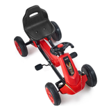 Red children's go-kart with black seat on a white background