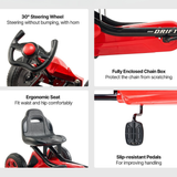 Red toy car with features highlighted on a white background