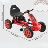 Red children's go-kart with black seat and measurement details on a light gray background