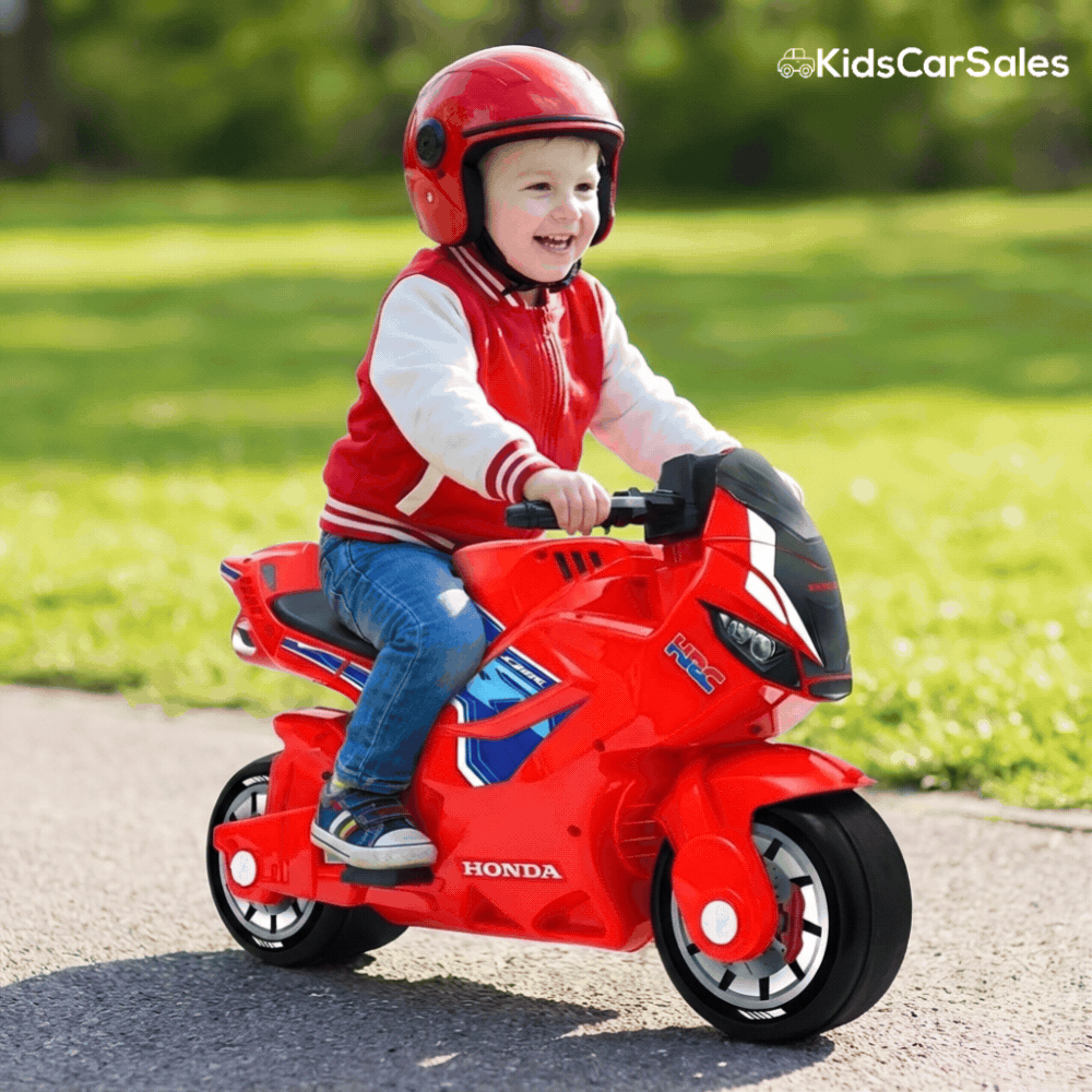 Animated GIF of Child riding a red Honda toy motorcycle on a sunny day.