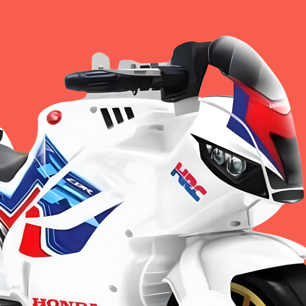 White motorcycle with red and blue accents on a red background