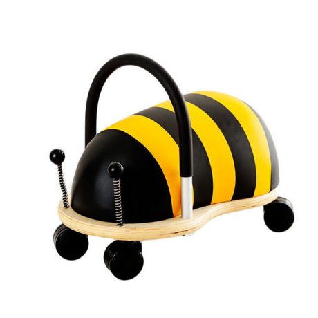 Toy vehicle shaped like a bee with black and yellow stripes on a white background