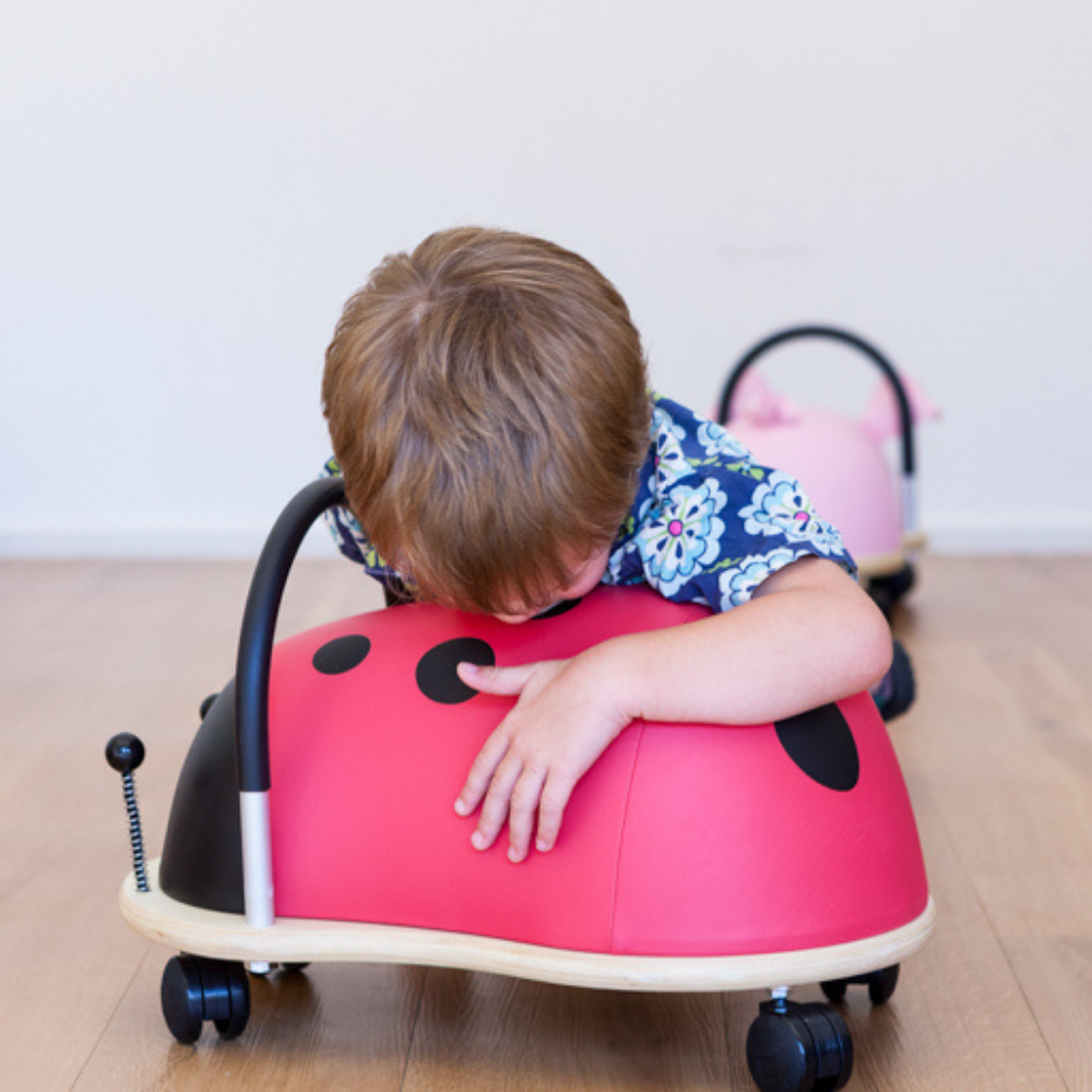 Child playing with a red ladybug-shaped toy car on a wooden floor.