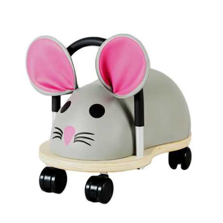 Children's toy car shaped like a mouse with pink ears and face on a white background