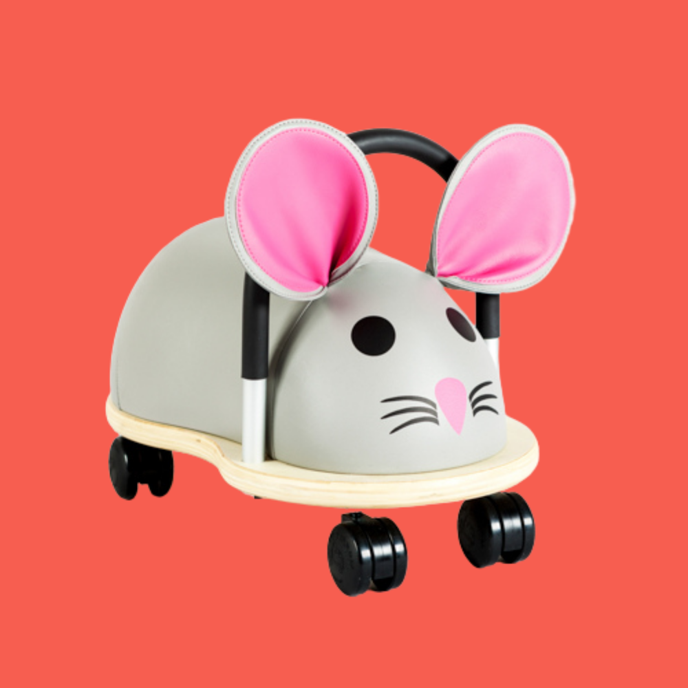 Toy car shaped like a mouse with pink ears on a red background
