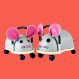 Two toy mice with pink ears on a red background
