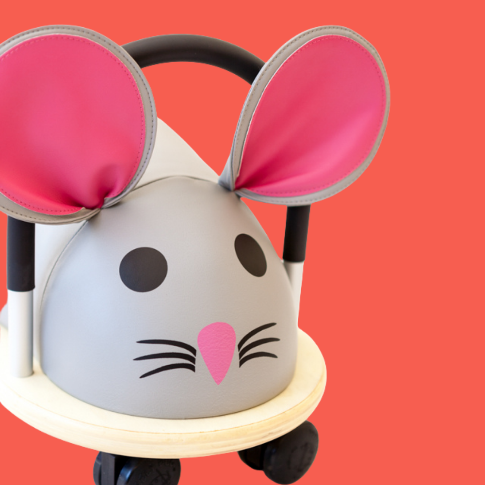 Children's scooter with a mouse design on a red background